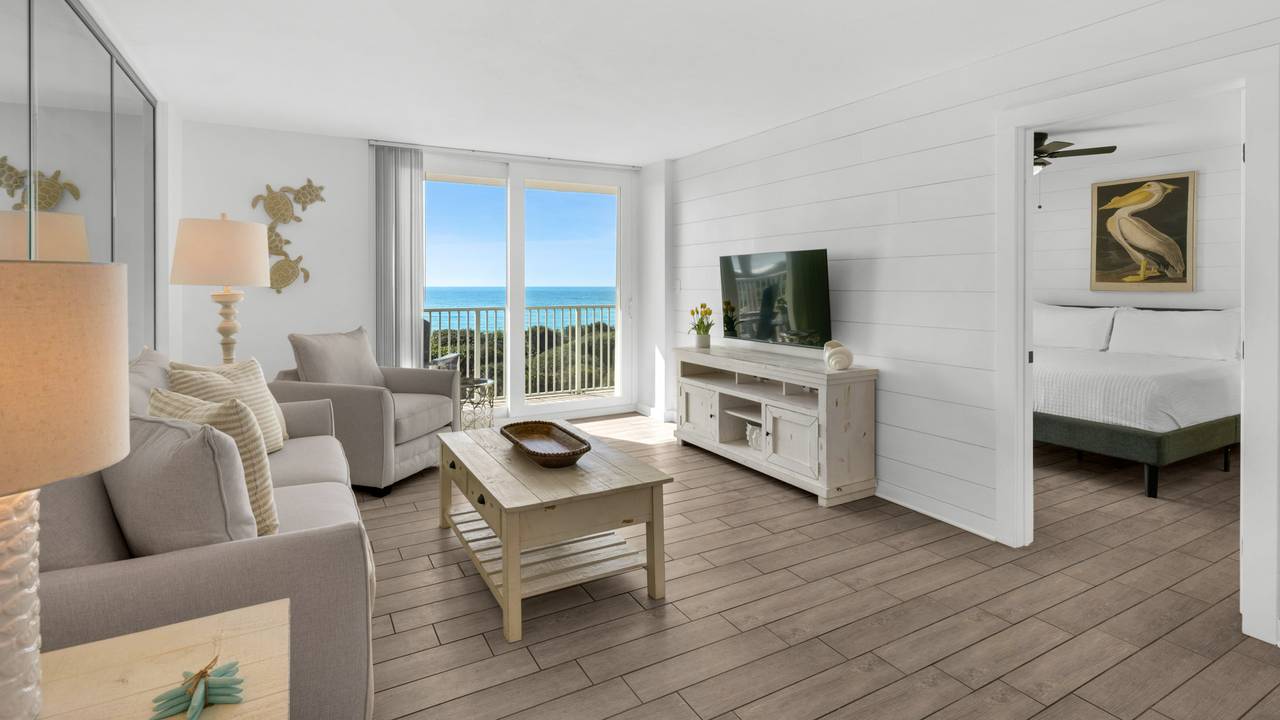 BeachCrest 204: Gulf Front Living room with private balcony, lar BeachCrest 204: Gulf Front Living room with private balcony, lar