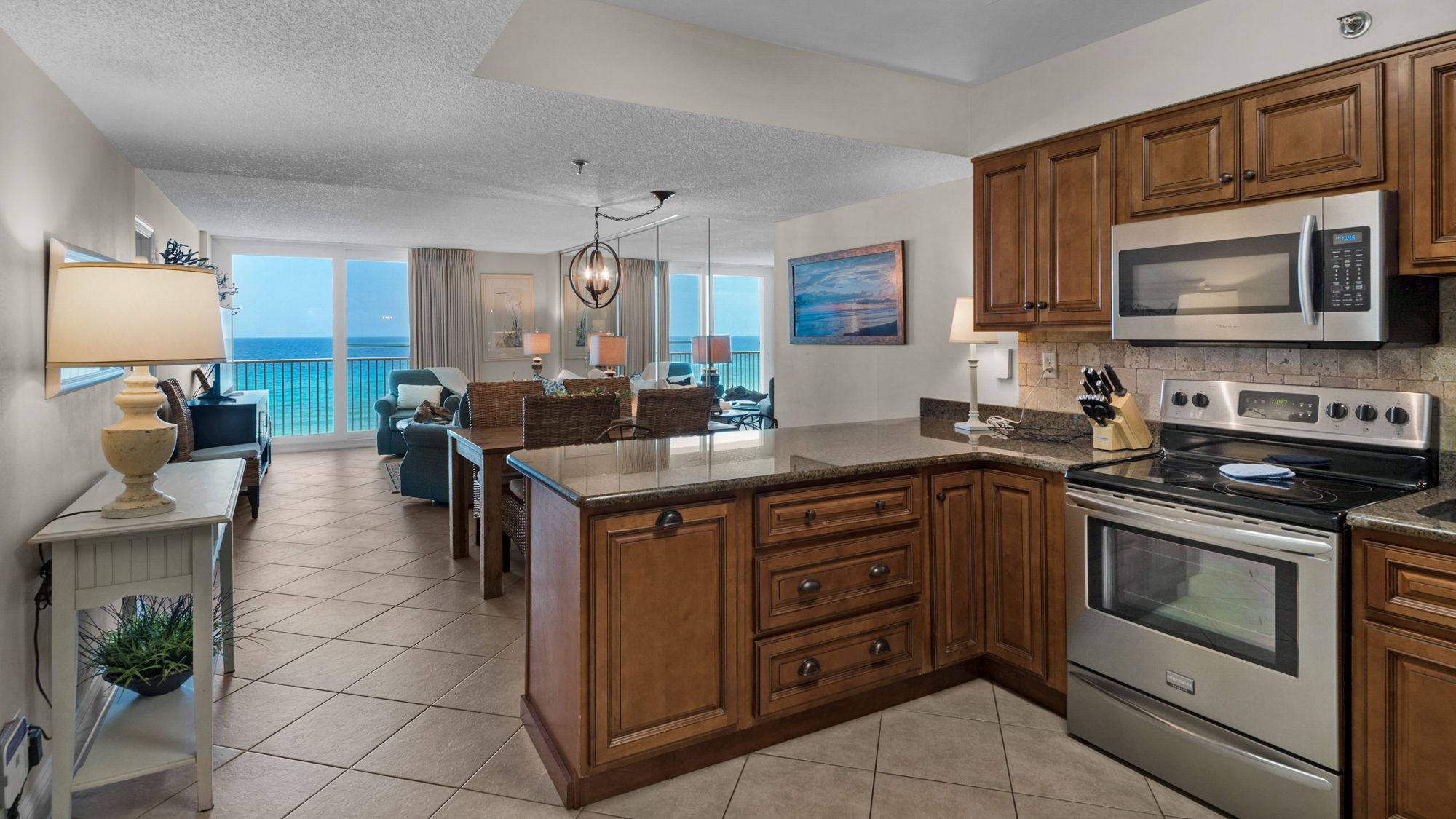 BeachCrest 405 Kitchen and Living Area with Gulf Views
