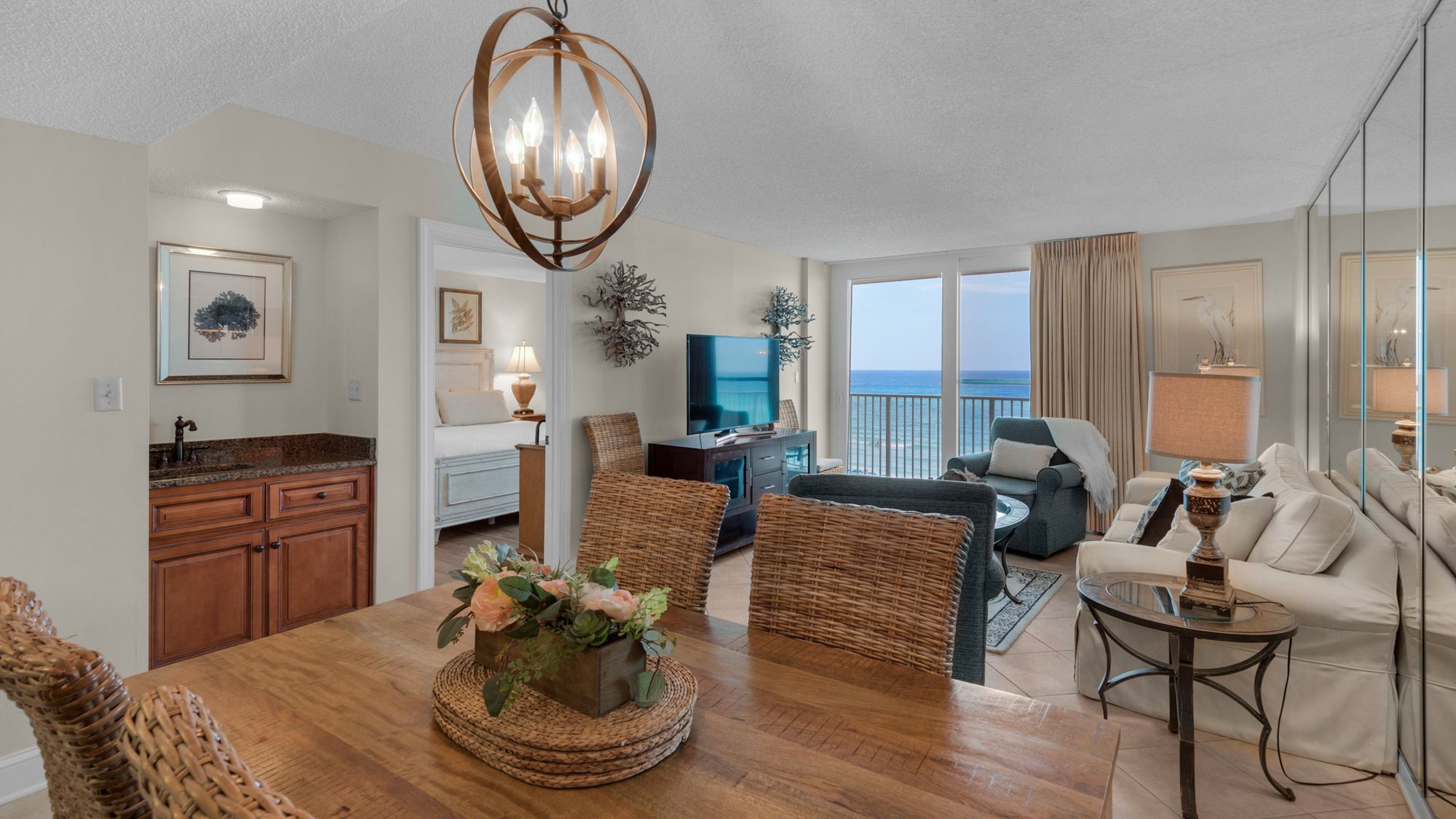 BeachCrest 405 Dining Table and Living Area with Gulf Views