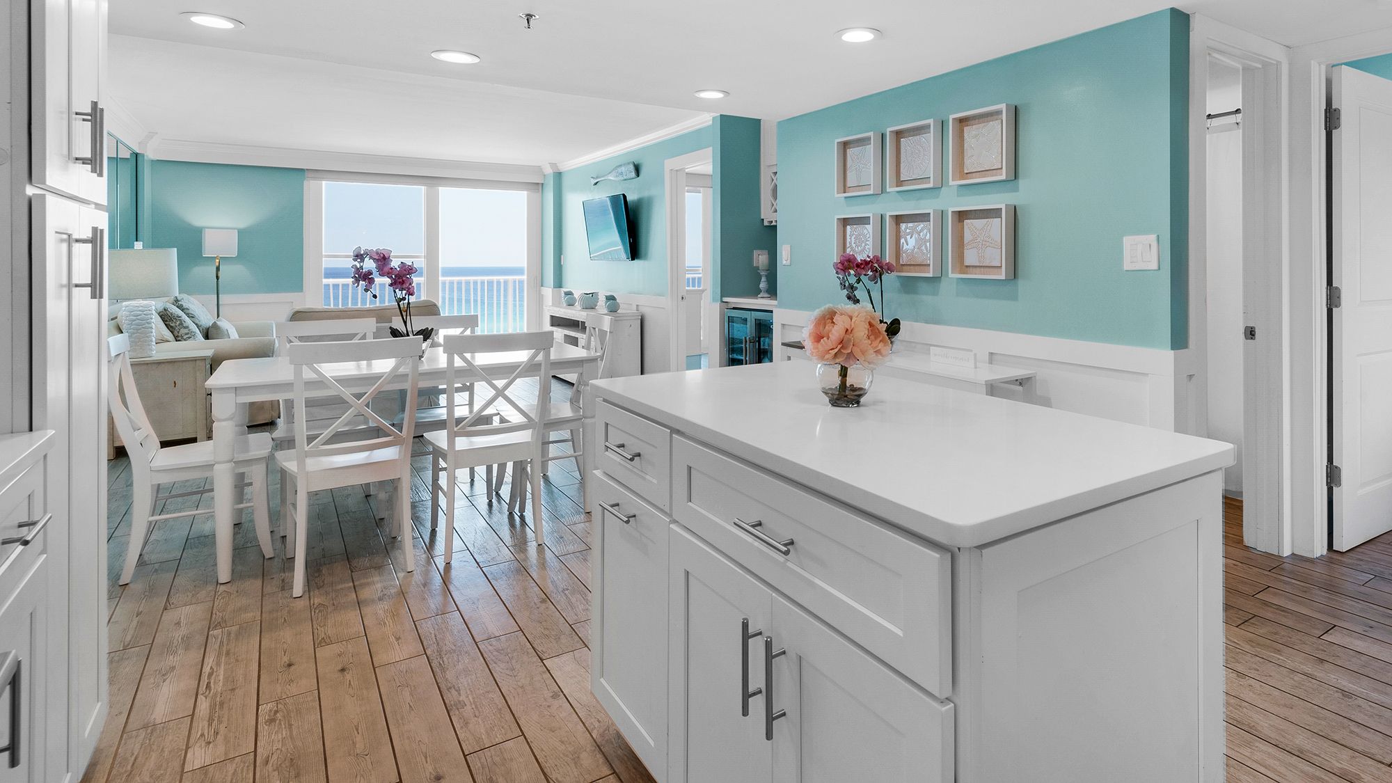 BeachCrest 604 Kitchen Island and Dining/living area with gulf v