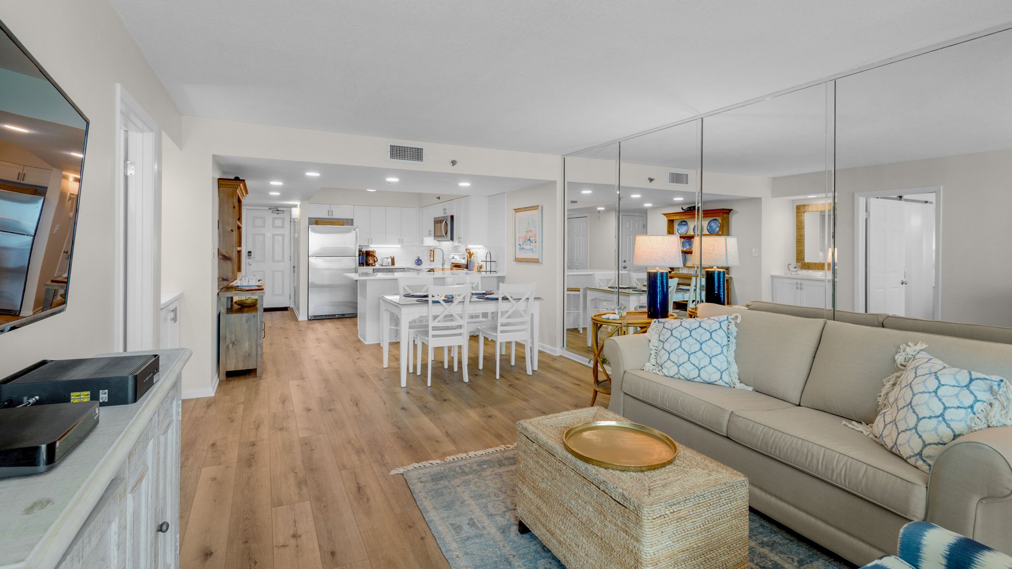 BeachCrest 1004 Living Area, Dining Table, and Kitchen