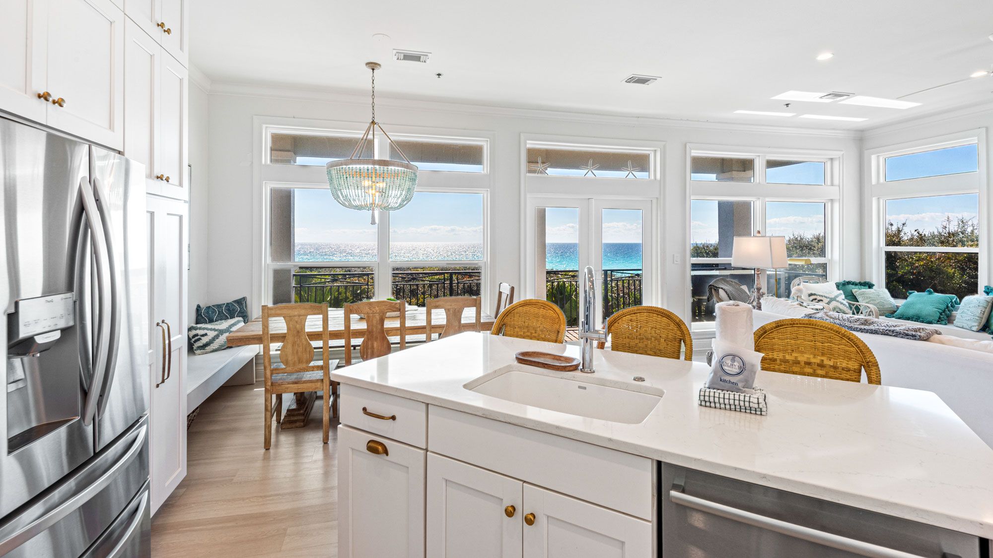 Camelot - Kitchen Island with 3 bar stools and Gulf views