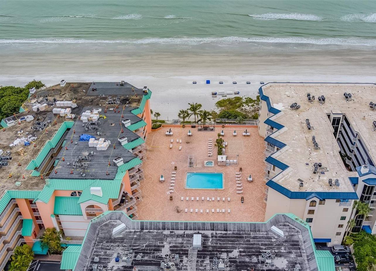 Aerial view of the pool and sundeck at the complex.