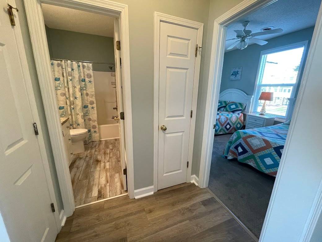 Hall to down bedroom and bath Hall to down bedroom and bath