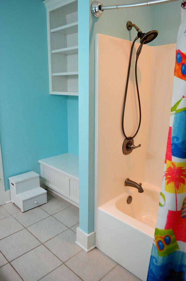 Stepstool, built-in bench, & shower/tub combo Stepstool, built-in bench, & shower/tub combo