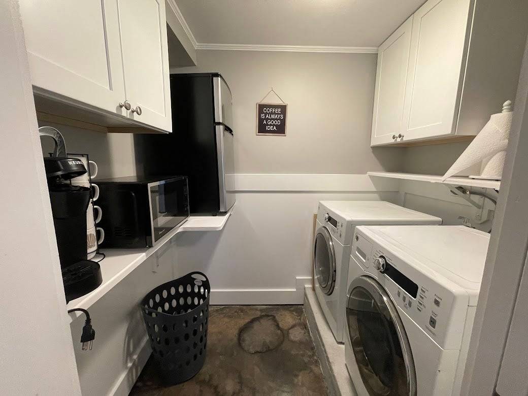 Washer, dryer, mini refrigerator, coffee maker and mini microwave downstairs. Washer, dryer, mini refrigerator, coffee maker and mini microwave downstairs.