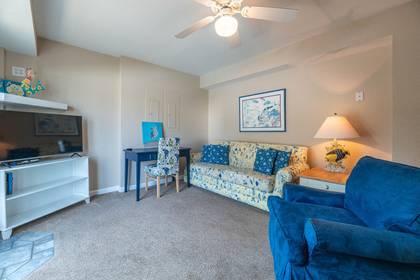 Media room with flat screen TV and desk for remote work convenience.